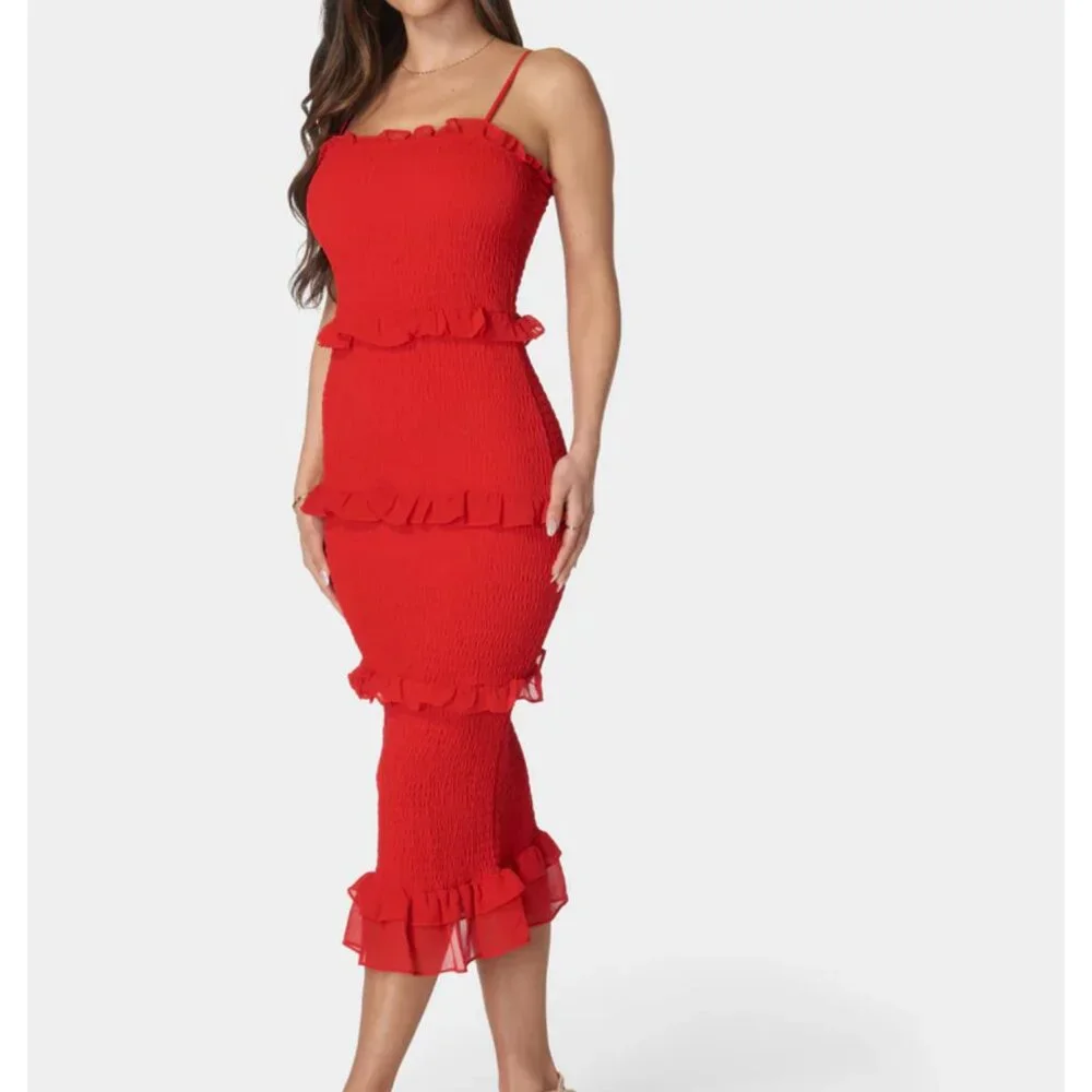 bebe Red Ruffle Midi Dress - Picture 2 of 7